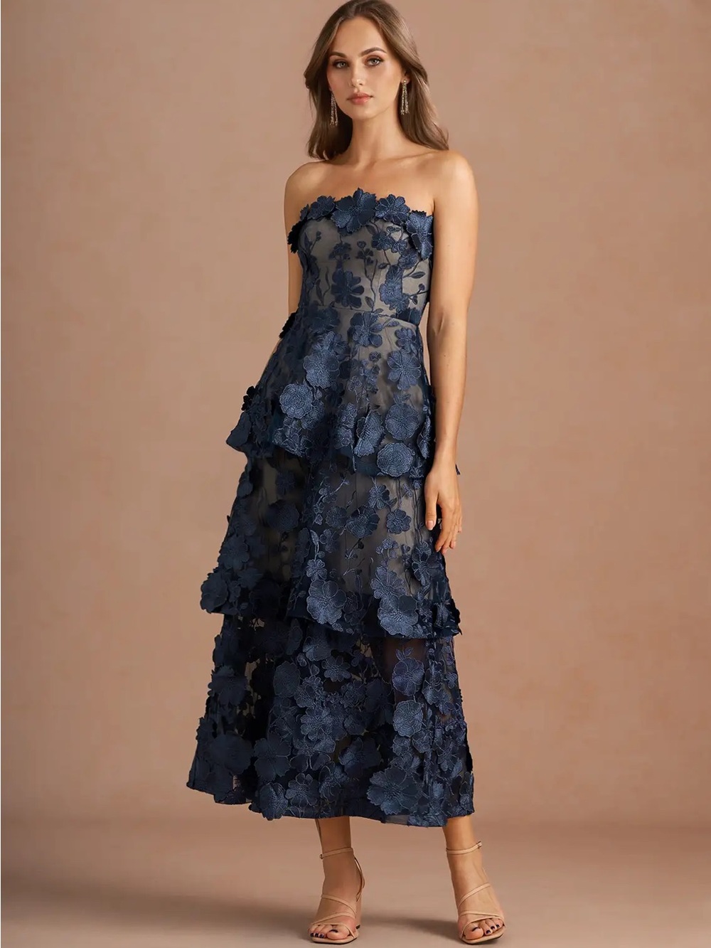 NWT Azazie Atelier Patricia Navy 3D Floral Lace Strapless Midi Formal Dress